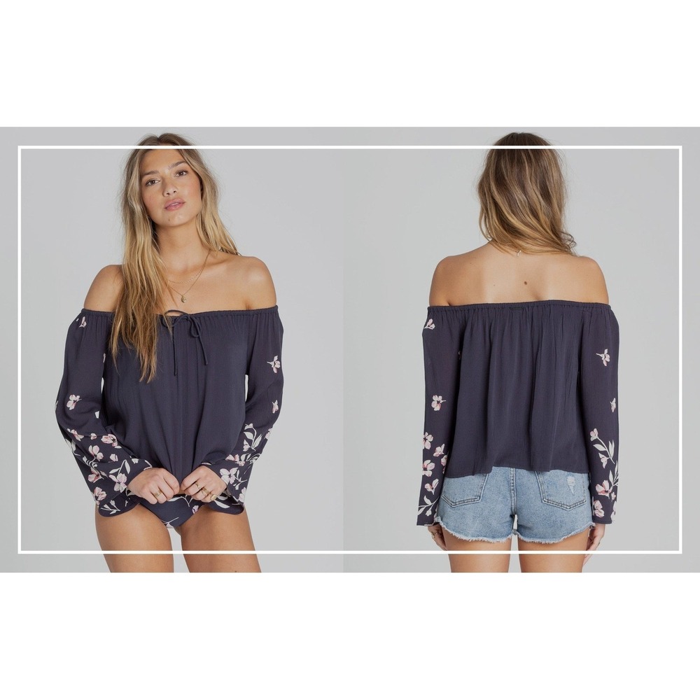 Billabong Womens Navy Blue Floral Off The Shoulder Bell Sleeve Boho Top Size M - Picture 2 of 11